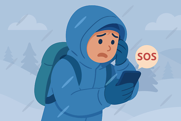 겨울 일러스트 날씨 산 사람 핸드폰 외투 장비 탐험 긴급 구출 숲 위험 걱정 신호 눈보라 sos 고립 국내일러스트 AI파일 계절 감정 컨셉 상의 눈_날씨 전자제품 도움 구조요청 파일형식 벡터