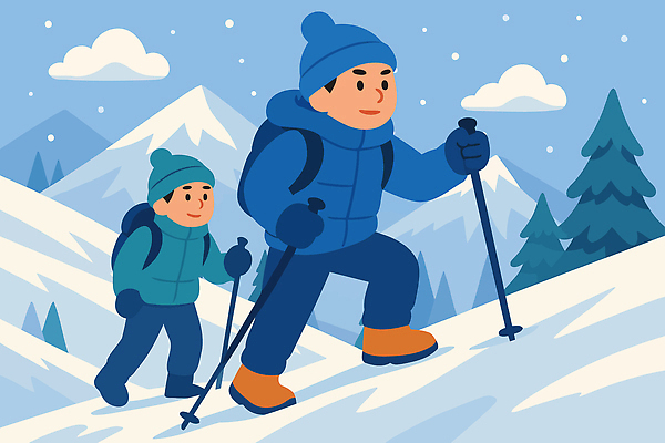 나무 행복 아들 스포츠 컬러 겨울 일러스트 가족 모션 자연 하늘 산 풍경 야외 등산 아빠 산행 국내일러스트 AI파일 식물 계절 감정 관계 트래킹 생태계 파일형식 벡터