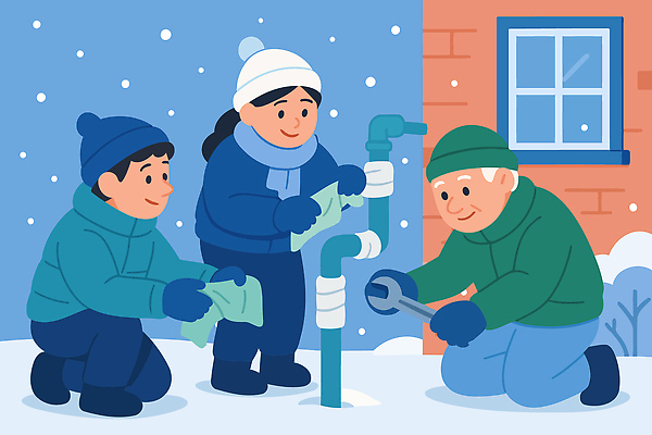 계절 관계 사람 건물 추위 안전수칙 파일형식 벡터 겨울 수도관 수리 가족 협력 작업 날씨 어린이 성인 방한 안전 주택 상수도 도구 난방 국내일러스트 일러스트 AI파일 생활안전