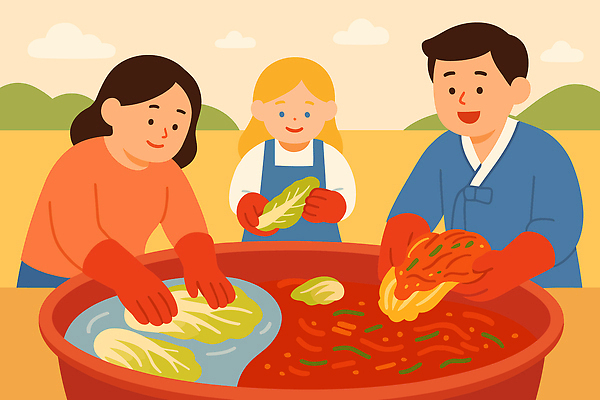 전통 손 한식 일러스트 재료 가족 김치 함께함 따뜻함 대화 요리 여름 햇빛 수확 양념 혼합 즐거움 배추 만들기 김장 교감 국내일러스트 AI파일 계절 감정 음식 컨셉 농업 채소 관계 모션 말하기 신체부위 태양 파일형식 벡터