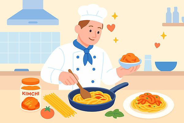 행복 음식 토마토 채소 일러스트 재료 식탁 주방용품 김치 파스타 스파게티 사랑 요리 주방 요리사 식사 양념 맛 국수 국내일러스트 AI파일 직업 감정 한식 생활용품 컨셉 탁자 서양음식 면류 파일형식 벡터