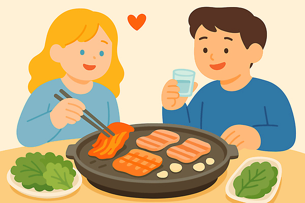 커플 행복 음료 한식 음식 일러스트 젓가락 탁자 김치 함께함 육류 사랑 요리 친구 파티 식사 맛 상추 삼겹살 낙지 고기구이 국내일러스트 AI파일 감정 가구 컨셉 채소 식재료 관계 연체동물 수저 돼지고기 이벤트 수중동물 구이 파일형식 벡터