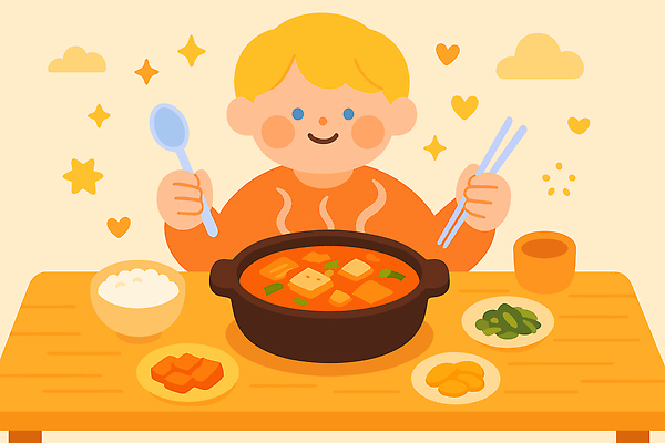 행복 어린이 한식 음식 일러스트 젓가락 가족 식탁 밥 반찬 김치 요리 친구 숟가락 식사 찌개 배고픔 즐거움 준비 김치찌개 맛있는 국내일러스트 AI파일 감정 관계 탁자 수저 사람 파일형식 벡터