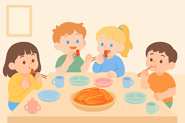 행복 한식 음식 일러스트 젓가락 가족 탁자 디저트 김치 주택 대화 웃음 친구 식사 만남 저녁 즐거움 다과 나누기 소통 국내일러스트 AI파일 감정 가구 컨셉 관계 수저 표정 말하기 건물 야간 파일형식 벡터