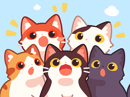 동물 감정 다수 컨셉 포유류 관계 표정 반려동물 파일형식 벡터 고양이 귀여움 웃음 하늘 컬러 친구 행복 장면 여러마리 함께함 즐거움 털 캐릭터 장난감 국내일러스트 일러스트 AI파일