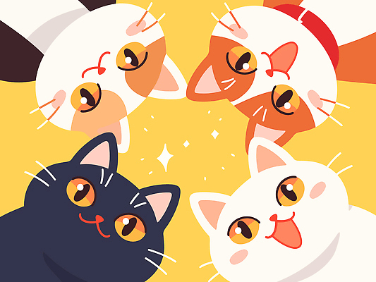 도형 동물 감정 컬러 컨셉 포유류 관계 모션 신체부위 반려동물 하인 파일형식 벡터 고양이 귀여움 원형 노란색 백그라운드 즐거움 얼굴 집사 친구 동료 앉기 포즈 시선 국내일러스트 일러스트 AI파일