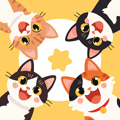 동물 시선 감정 컬러 컨셉 포유류 관계 표정 반려동물 파일형식 벡터 고양이 웃음 행복 귀여움 모임 노란색 디자인 캐릭터 친구 사랑 기쁨 응시 밝은색 국내일러스트 일러스트 AI파일
