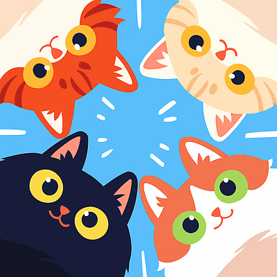 도형 동물 다수 컨셉 포유류 관계 파란색 반려동물 파일형식 벡터 고양이 귀여움 표정 원형 모임 다양 컬러 털 포즈 상상 그림 친구 하늘색 국내일러스트 일러스트 AI파일