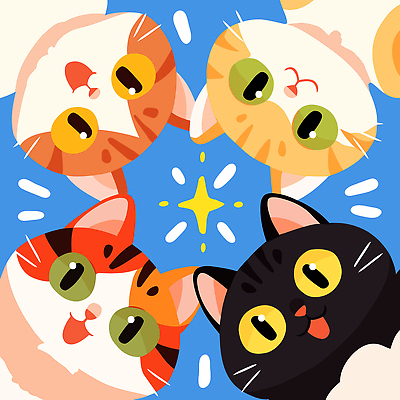 동물 감정 컬러 컨셉 포유류 신체부위 반려동물 파일형식 벡터 고양이 얼굴 그림 귀여움 파란색 백그라운드 털 모임 행복 표정 사랑 주인 크기 귀족 국내일러스트 일러스트 AI파일