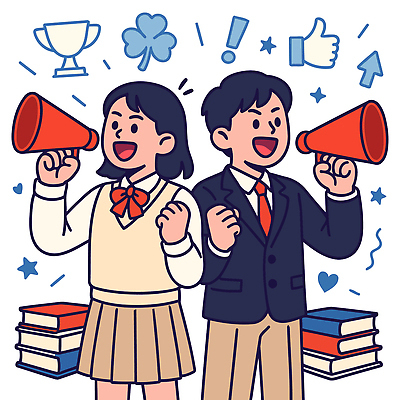 학생 일러스트 학교 응원 모션 성공 수업 협력 표정 책 친구 파이팅 확성기 기쁨 표현 자신감 분위기 즐거움 수험생 열정 소통 국내일러스트 AI파일 교육 감정 컨셉 관계 고등학생 파일형식 벡터