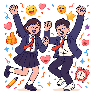 학생 행복 유니폼 일러스트 학교 응원 모션 웃음 장식 친구 청춘 파티 활발 기쁨 만세 축하 춤 즐거움 수험생 이모티콘 소통 동아리 국내일러스트 AI파일 옷 교육 감정 컨셉 관계 고등학생 문화예술 표정 이벤트 파일형식 벡터
