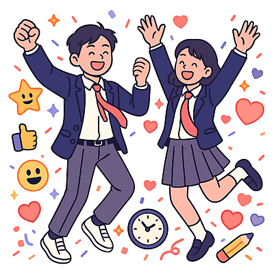 학생 행복 상징 일러스트 학교 응원 회의 사랑 웃음 친구 축제 기쁨 춤 시간 동료 즐거움 수험생 소통 긍정적 국내일러스트 AI파일 교육 감정 컨셉 비즈니스 관계 고등학생 문화예술 표정 파일형식 벡터