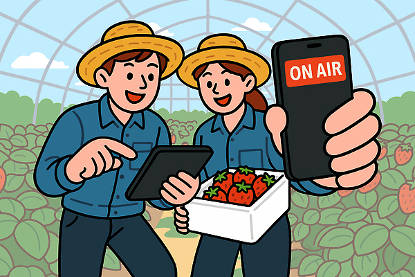 농업 채소 과일 일러스트 딸기 주택 여름 농작물 스마트폰 상자 태블릿 농장 농사 수확 농촌 작업 농부 농기구 방송 채소밭 산지직송 라이브커머스 국내일러스트 AI파일 직업 계절 산업 밭 건물 전자제품 핸드폰 스마트기기 시골 모바일쇼핑 파일형식 벡터 직송