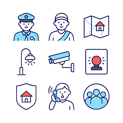 아이콘 지도 협력 조명 주택 안전 경찰 보호 커뮤니티 통화 감시카메라 이웃 범죄예방 시민 소통 2D아이콘 AI파일 직업 컨셉 모션 건물 카메라 예방 국민 파일형식 벡터