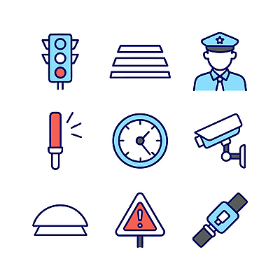 아이콘 도로 교통 거리 안내 경고 안전 시간 보행자 경찰 안전장비 신호등 교차로 감시카메라 교통신호 구역 2D아이콘 AI파일 직업 길 교통시설 카메라 장비 파일형식 벡터