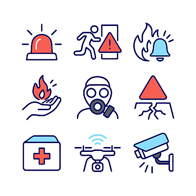 아이콘 기호 의학 경고 안전 보호 위험 소방 화재 감시카메라 긴급상황 대피 드론 2D아이콘 AI파일 문자 컨셉 카메라 긴급 사건 파일형식 벡터