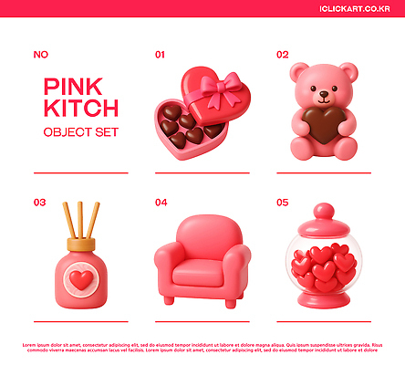 모양 인형 컬러 가구 컨셉 디저트 3D 화장품 도자기 파일형식 분홍색 귀여움 디자인 오브젝트 세트 곰인형 초콜릿 하트 향수 의자 항아리 장식 아기자기 편집3D PSD 편집이미지