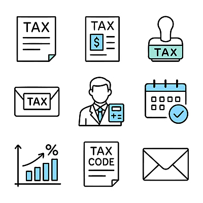 아이콘 그래프 관리 도장 계산기 코드 계획 준비 문서 회계 순서 세금 세무사 신고 제출 2D아이콘 AI파일 컨셉 문구용품 경제 장비 파일형식 벡터