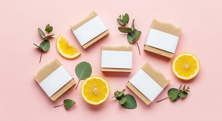 식물 컬러 과일 위생용품 CG 생태계 냄새 비누 파일형식 레몬 유칼립투스 자연 향기 분홍색 백그라운드 허브 재료 디자인 건강 상품 수제비누 편집이미지 편집실사 JPG