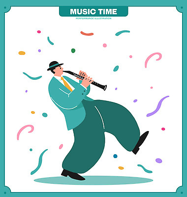 전통 남자 감정 예술 음악 컬러 포즈 연주 일러스트 사람 이벤트 축제 공연 축하 분위기 즐거움 색종이 클라리넷 국내일러스트 AI파일 종이 컨셉 문화예술 목관악기 파일형식 벡터