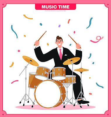 기념일 남자 감정 음악 컬러 연주 일러스트 정장 이벤트 파티 축제 공연 에너지 축하 즐거움 클럽 드럼 리듬 국내일러스트 AI파일 옷 컨셉 문화예술 타악기 사람 파일형식 벡터