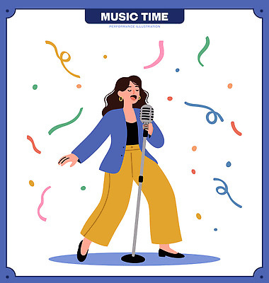 여자 행복 감정 예술 음악 일러스트 노래 모션 파티 활발 공연 무대 축하 표현 분위기 마이크 즐거움 색종이 리듬 국내일러스트 AI파일 종이 음향기기 컨셉 문화예술 사람 이벤트 파일형식 벡터