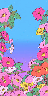 식물 계절 꽃 컬러 컨셉 잎 라이프 생태계 파일형식 하늘 자연 봄 풍경 화사함 만개 초원 나뭇잎 뷰티풀 백그라운드 분홍색 노란색 흰색 장식 일상 JPG 일러스트 국내일러스트 동백