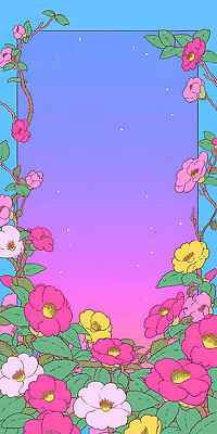 식물 계절 꽃 컬러 컨셉 생태계 파일형식 백그라운드 그라데이션 하늘 봄 뷰티풀 자연 테두리 화사함 장식 분홍색 노란색 흰색 파란색 포즈 디자인 JPG 일러스트 국내일러스트 동백