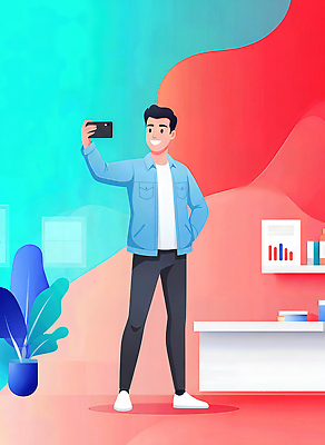 감정 가구 컨셉 비즈니스 문구용품 표정 사람 라이프 생활 핸드폰 스마트기기 사진촬영 촬영 파일형식 셀프카메라 사무실 남자 미소 책상 식물 일상 스마트폰 모션 방 사무용품 백그라운드 즐거움 소통 휴식 라이프스타일 모던 일러스트 국내일러스트 JPG