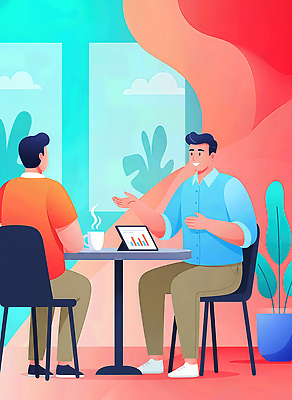 음료 가구 컨셉 비즈니스 말하기 사람 라이프 전자제품 상점 작업 파일형식 카페 커피 대화 남자 노트북 탁자 친목 업무 브레인스토밍 사무실 일상 휴식 소통 그래픽 모던 컬러 디자인 일러스트 국내일러스트 JPG