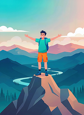 감정 컬러 컨셉 사람 노을 트래킹 생태계 파일형식 산 정상 남자 여행 등산 자연 풍경 강 파란색 일몰 외출 도전 휴식 행복 모션 숲 자유 환경 일러스트 국내일러스트 JPG
