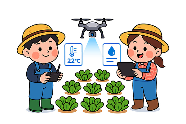 일러스트 기술 관리 농작물 농장 농사 자료 기계 정보 수확 농부 물주기 온도 거름 드론 소프트웨어 습도 스마트팜 국내일러스트 AI파일 직업 농업 모션 파일형식 벡터