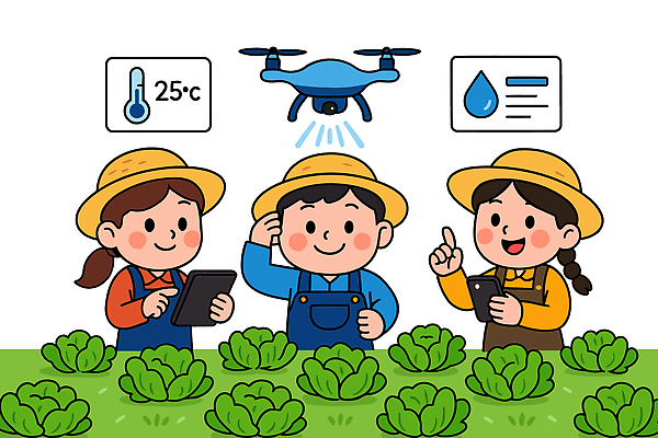 채소 일러스트 대화 농작물 스마트기기 농장 수확 농부 측정 배추 온도 조화 드론 습도 국내일러스트 AI파일 직업 농업 말하기 전자제품 파일형식 벡터