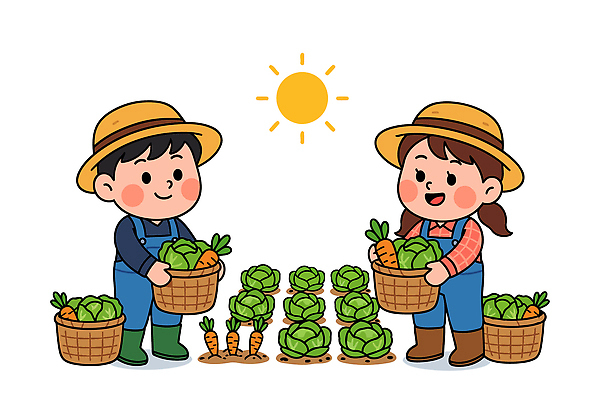 식물 전통 어린이 채소 일러스트 모션 자연 협력 일상 햇빛 농장 바구니 농사 당근 수확 신선 작업 즐거움 배추 유기농 커뮤니티 국내일러스트 AI파일 웰빙 감정 농업 뿌리채소 사람 라이프 태양 생태계 파일형식 벡터