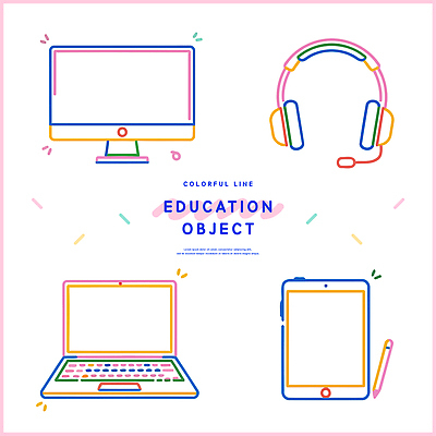 학생 디자인 교육 라인일러스트 일러스트 기술 노트북 전자제품 학습 컬러풀 태블릿 디지털 모니터 헤드폰 기계 다양 표현 온라인 학습도구 클래스 국내일러스트 AI파일 컬러 음향기기 다수 스마트기기 컴퓨터 교육용품 파일형식 벡터