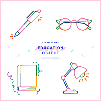 학생 디자인 교육 안경 컬러 라인일러스트 일러스트 아이디어 책 학습 컬러풀 펜 도구 램프 아이템 창의력 국내일러스트 AI파일 잡화 컨셉 조명 필기구 파일형식 벡터
