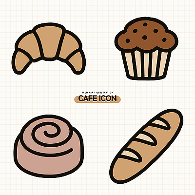 아이콘 음식 빵 아침 디저트 식사 카페 맛 바게트 크루아상 즐거움 제빵 머핀 롤빵 2D아이콘 AI파일 주간 감정 컨셉 제과제빵 상점 파일형식 벡터