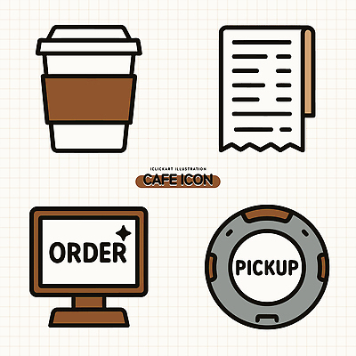아이콘 디자인 커피 음료 잔 디지털 스크린 카페 대기 고객 주문 편리함 주문서 픽업 2D아이콘 AI파일 식기 컨셉 상점 파일형식 벡터