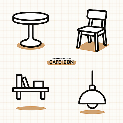 아이콘 디자인 컬러 의자 탁자 조명 책장 인테리어 공간 카페 편안함 오브젝트 그림 스타일 2D아이콘 AI파일 가구 상점 감각 파일형식 벡터
