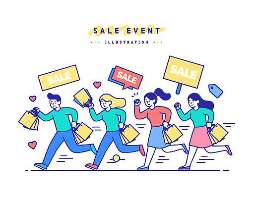 상징 컬러 일러스트 모션 이벤트 여러명 쇼핑 달리기 쇼핑백 세일 상점 기쁨 선택 소비 구매 상품 즐거움 생동감 국내일러스트 AI파일 감정 다수 컨셉 가방 사람 파일형식 벡터