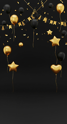 JPG 편집이미지 기념일 감정 별 백그라운드 사랑 공중 장식 파티 검은색 축제 금색 축하 분위기 장면 풍선 이미지편집 AI컴퓨터그래픽 AI콘텐츠 자연요소 컬러 컨셉 이벤트 파일형식