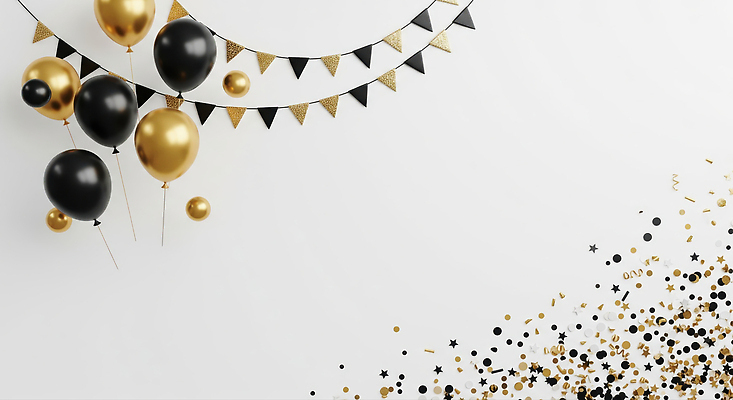 JPG 편집이미지 기념일 이벤트 장식 반짝임 파티 검은색 축제 공간 금색 축하 깃발 생일 분위기 풍선 이미지편집 AI컴퓨터그래픽 AI콘텐츠 컬러 컨셉 모션 파일형식