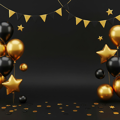 JPG 편집이미지 기념일 별 백그라운드 이벤트 장식 파티 검은색 모임 금색 축하 생일 풍선 연회 이미지편집 AI컴퓨터그래픽 AI콘텐츠 자연요소 컬러 컨셉 잔치 파일형식