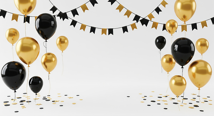 JPG 편집이미지 기념일 이벤트 장식 파티 동전 검은색 축제 공간 금색 축하 생일 분위기 풍선 가랜드 이미지편집 AI컴퓨터그래픽 AI콘텐츠 컬러 컨셉 돈 파티용품 파일형식