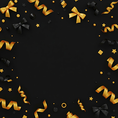 JPG 편집이미지 디자인 감정 리본 백그라운드 이벤트 장식 반짝임 파티 검은색 금색 축하 분위기 오브젝트 준비 흩어짐 이미지편집 AI컴퓨터그래픽 AI콘텐츠 컬러 컨셉 모션 파일형식