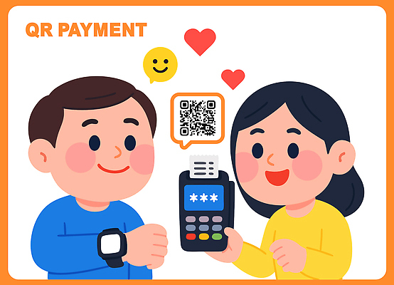 여자 남자 행복 일러스트 기술 사랑 미소 스마트폰 상점 디지털 거래 도구 소비 서비스 상업 결제 편리함 QR코드 재정 상호작용 국내일러스트 AI파일 감정 컨셉 표정 사람 핸드폰 스마트기기 파일형식 벡터