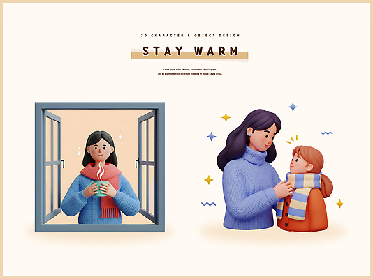 PSD 편집이미지 캐릭터 디자인 행복 음료 포즈 겨울 가족 모녀 실내 따뜻함 사랑 소녀 스카프 창가 편집3D 계절 여자 딸 감정 어린이 창문 관계 엄마 내부 3D 목도리 파일형식