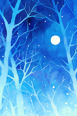 JPG 나무 감정 별 예술 겨울 일러스트 상상 자연 하늘 수채화 풍경 파란색 빛 고요 달 분위기 차가움 신비 조화 국내일러스트 AI일러스트 AI콘텐츠 자연요소 식물 계절 컬러 컨셉 생태계 파일형식