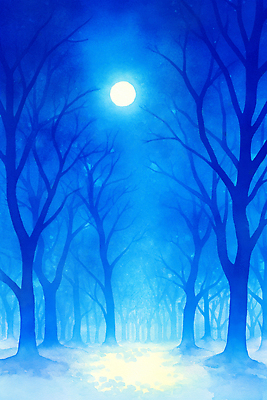 JPG 나무 겨울 일러스트 자연 조명 풍경 파란색 빛 어둠 고요 새벽 신선 숲 신비 달빛 심리 만화경 국내일러스트 AI일러스트 AI콘텐츠 자연요소 식물 계절 컬러 컨셉 장난감 달 생태계 파일형식