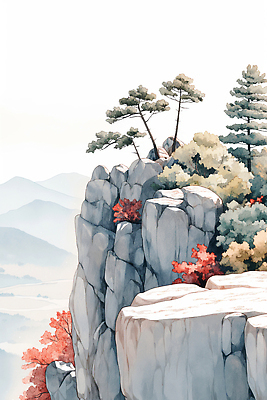 JPG 나무 단풍 일러스트 자연 단풍나무 바위산 산 풍경 빨간색 초록색 소나무 조경 국내일러스트 AI일러스트 AI콘텐츠 식물 컬러 잎 돌산 생태계 파일형식